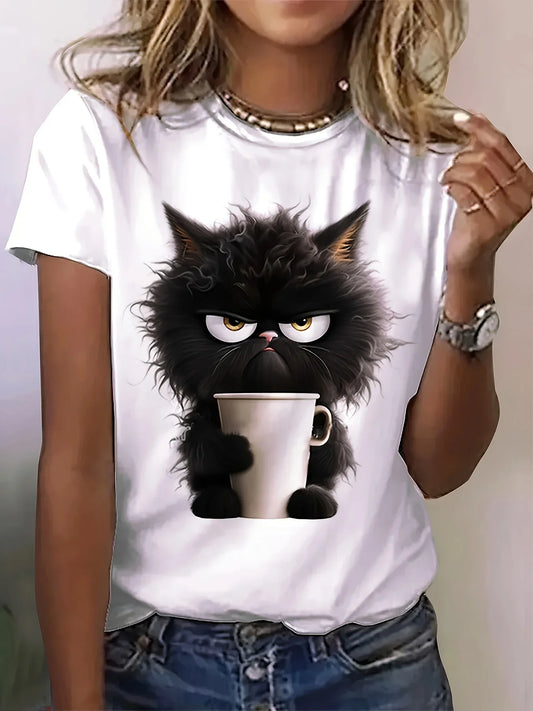 Cat Print T-shirt, Casual Short Sleeve